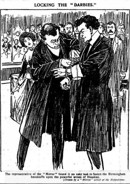 A depiction of the 'Birmingham handcuffs' challenge in March 1904